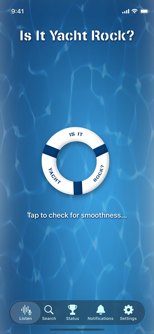 App screenshot showing cobalt blue water with a floating white ring buoy with the stenciled words Is It Yacht Rock?