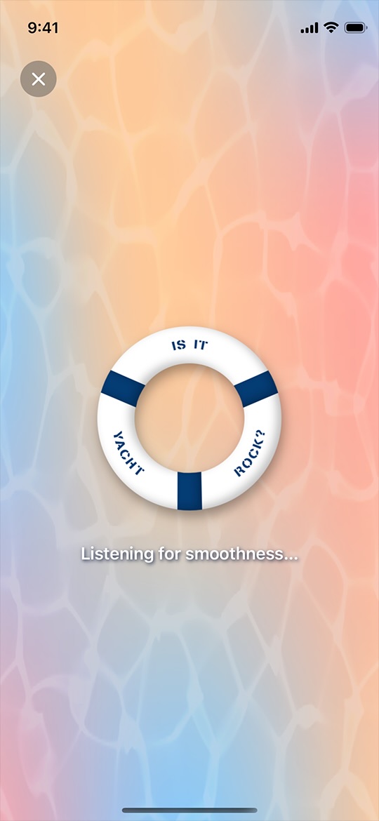 App screenshot showing water that's a mix of blue, red, and orange with a floating white ring buoy with the stenciled words Is It Yacht Rock?