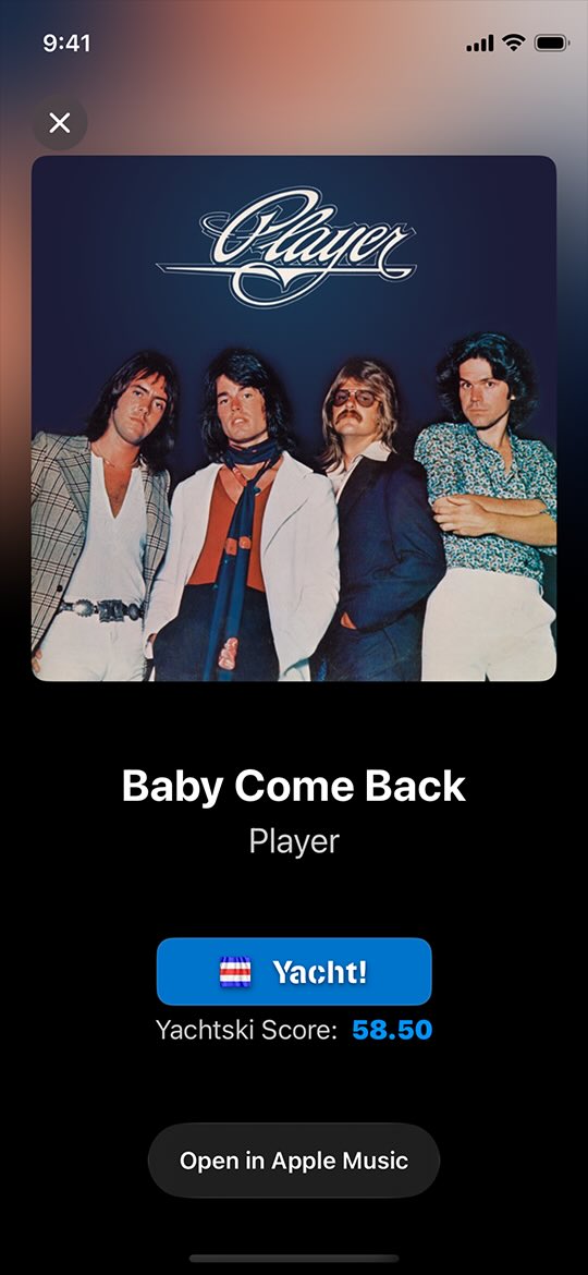 App screenshot showing a song match for Baby Come Back by Player. It shows a verdict of Yacht with a Yachtski score of 58.5. The album art shows 4 men in '80s attire with big hair, sunglasses and mustaches.